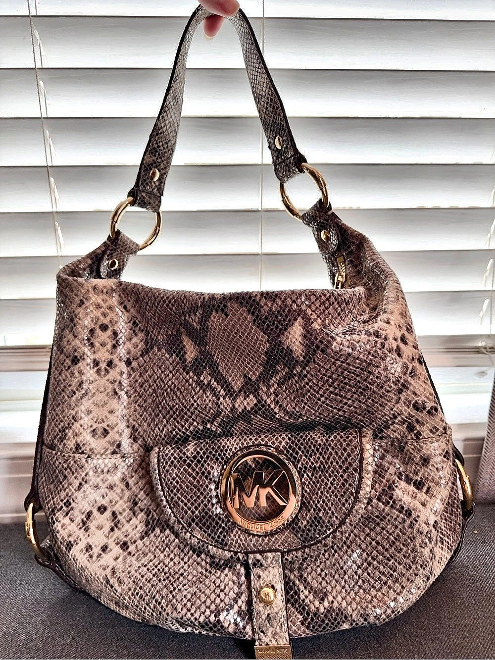 Michael Kors Fulton Python Embossed Leather Hobo Bag Brown & Black